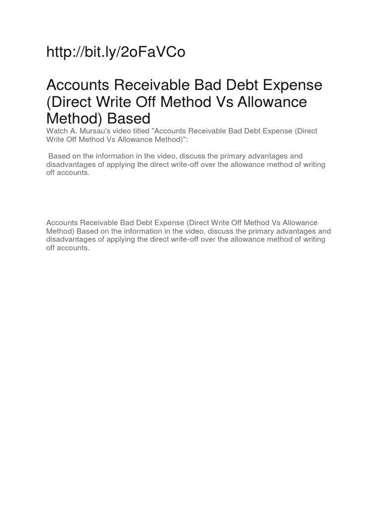 Accounts Receivable Bad Debt Expense (Direct Write Off Method Vs ...