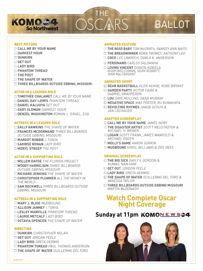 2018 Printable Oscars Ballots