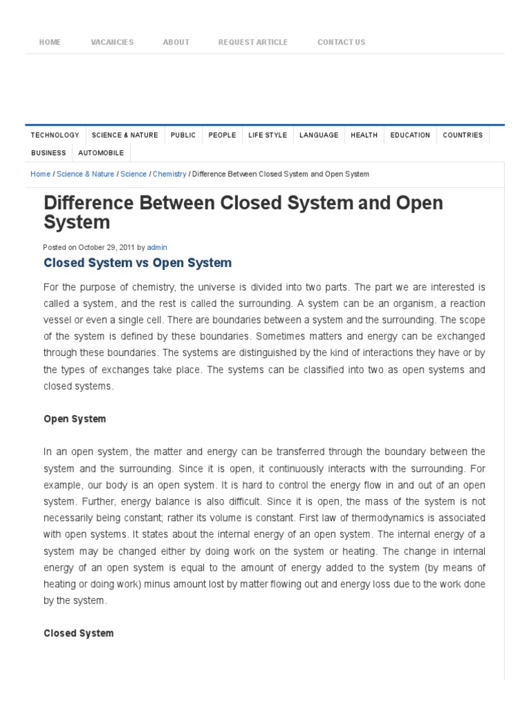 Difference Between Closed System and Open System | PDF | Thermodynamics ...