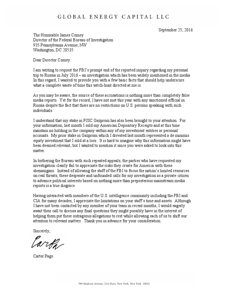 Carter Page's Request to End FBI Inquiry | PDF