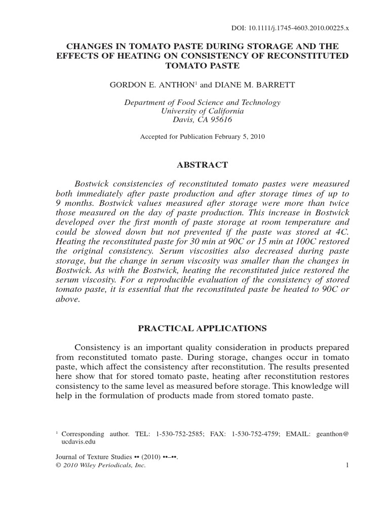 Changes in Tomato Paste During Storage and The Effects of Heating On