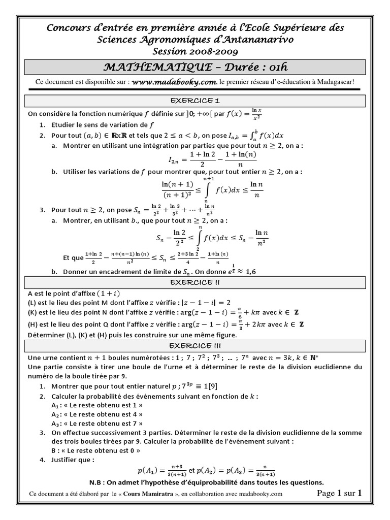 Concours Agronomie Madagascar 2008-2009 | PDF | Analyse mathématique ...