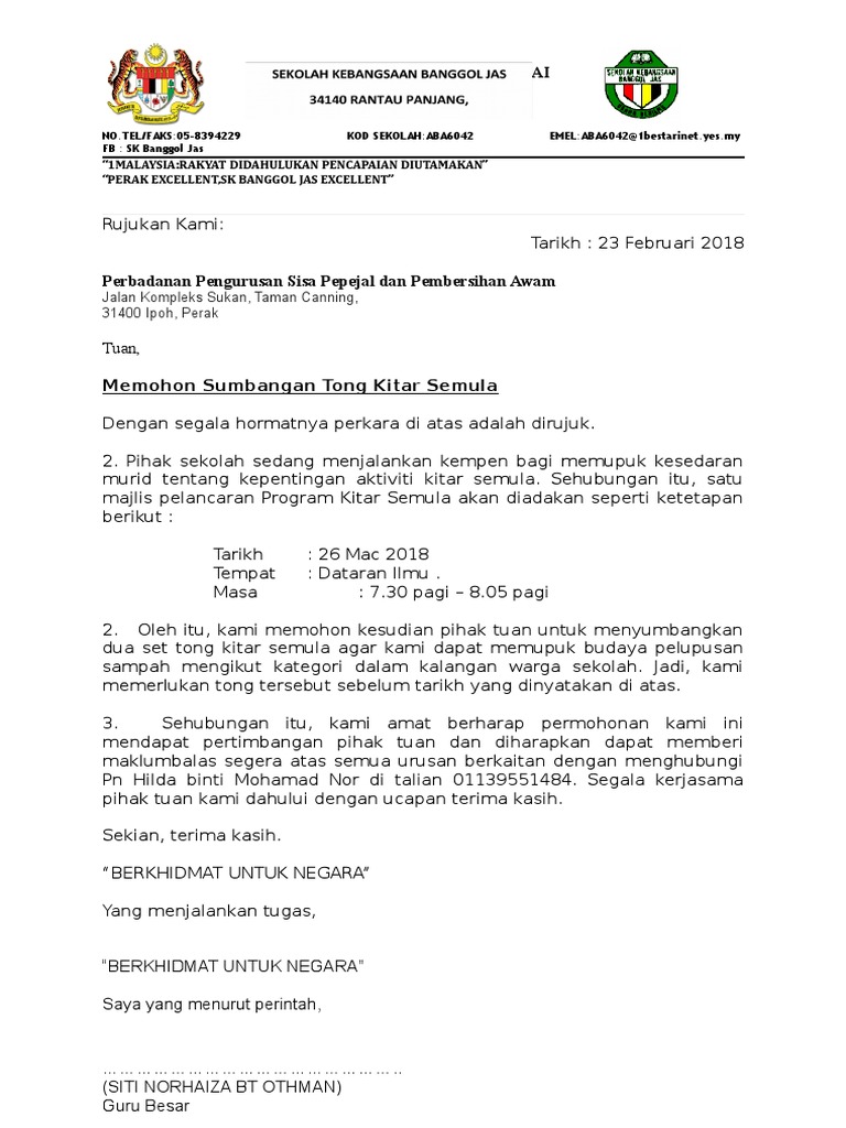 Contoh Surat Rasmi Permohonan Rumah Sampah Di Majlis Daerah