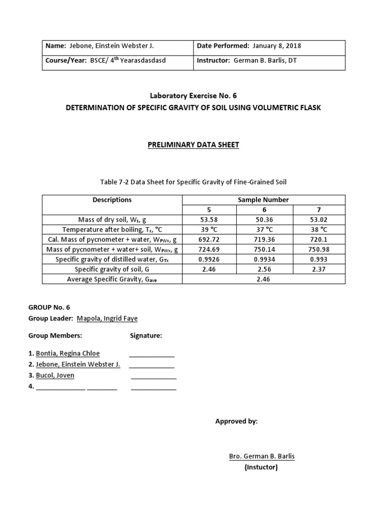 Laboratory Exercise No. 6 Determination of Specific Gravity of Soil Using Volumetric Flask PDF