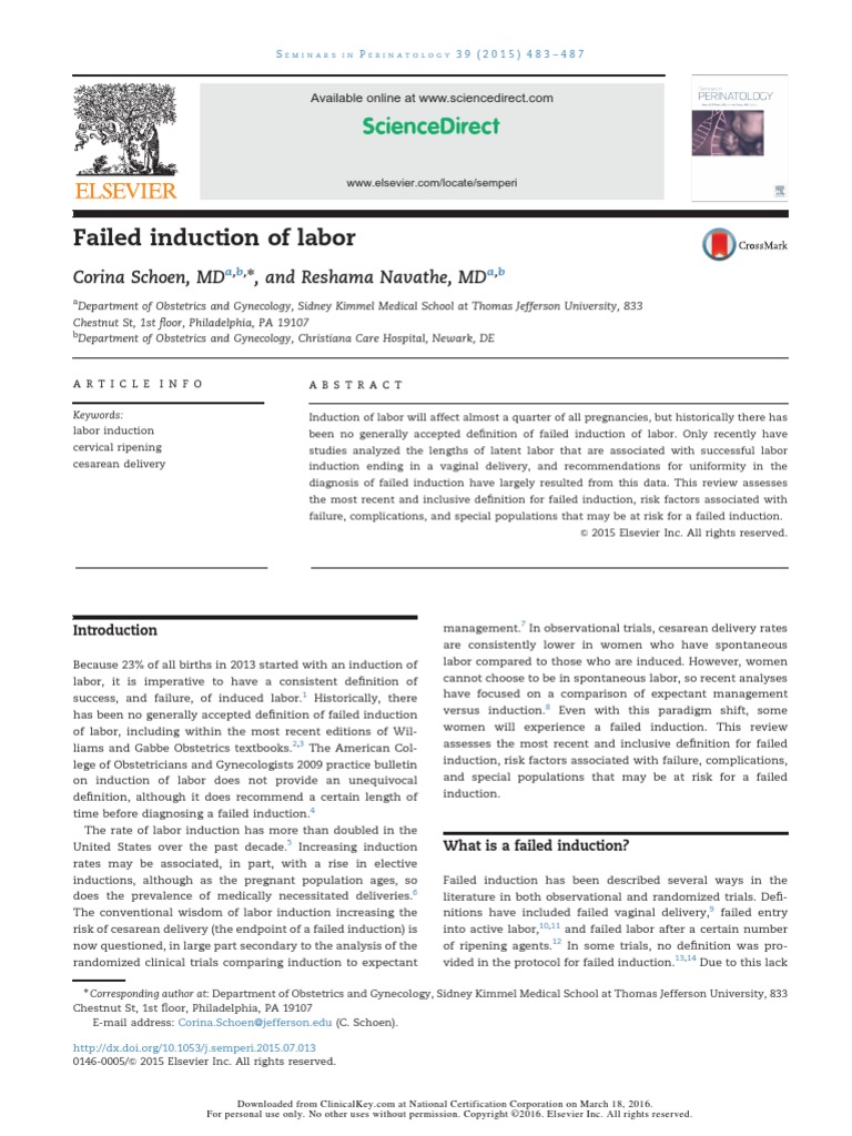 Failed Induction of Labor: Corina Schoen, MD, and Reshama Navathe, MD ...