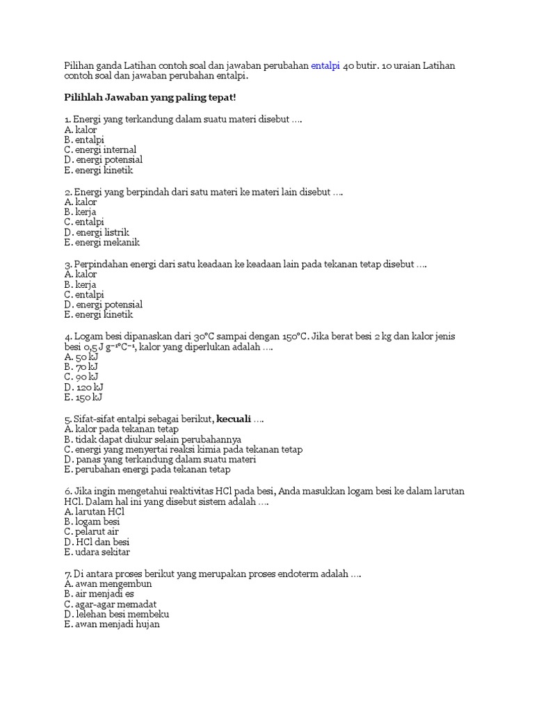 Contoh Soal Perubahan Entalpi