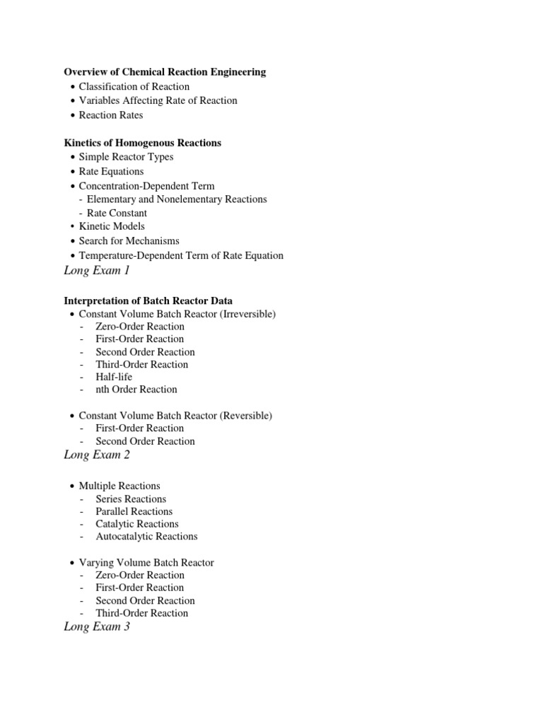 Long Exam 1: Overview of Chemical Reaction Engineering | PDF