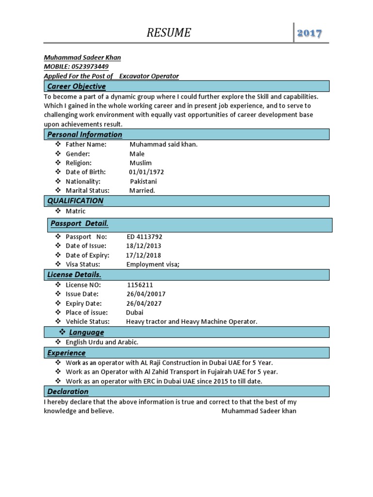 CV Excavator Operator