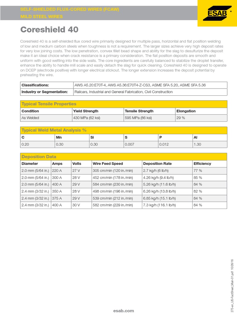Coreshield 40: Self-Shielded Flux Cored Wire | PDF | Volt | Welding