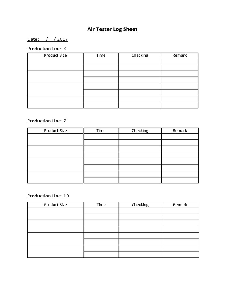 Air Tester Log Sheet: Date: / / 2017 Production Line: 3 | PDF
