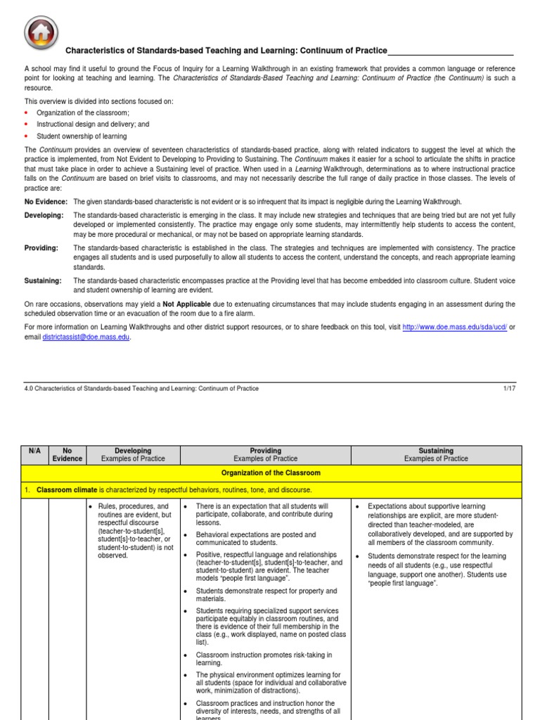 Characteristics of StandardsBased Teaching and Learning Continuum of