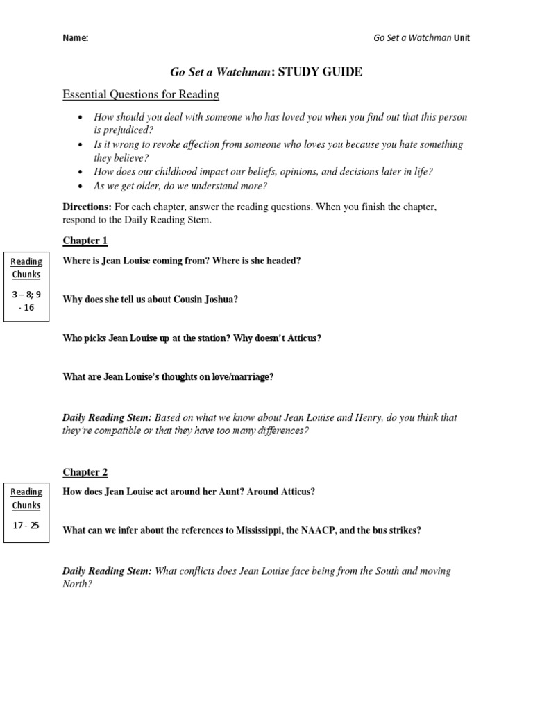 Essential Questions For Reading Go Set A Watchman STUDY GUIDE PDF