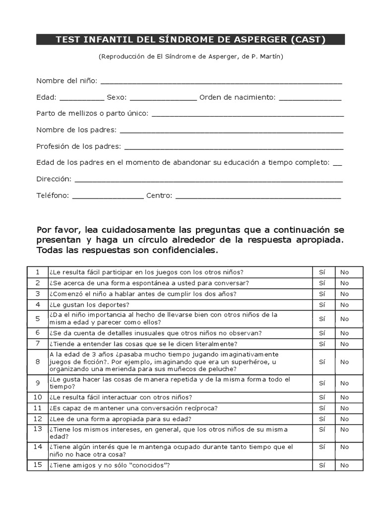 Test Infantil de Asperger (CAST) | PDF | Autismo | Síndrome de Asperger