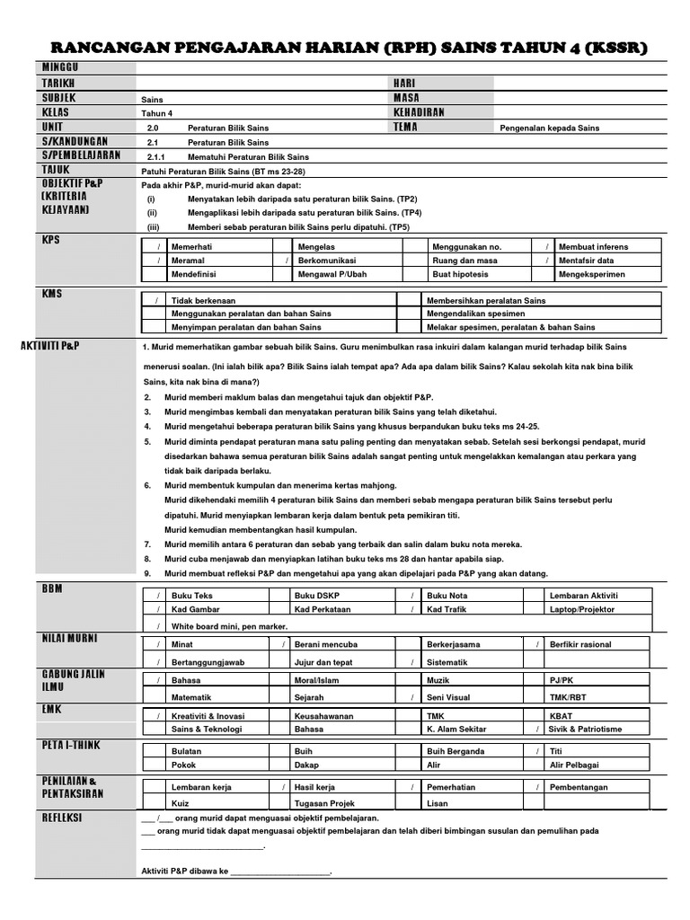 RPH Sains Tahun 4 Unit 2 | PDF