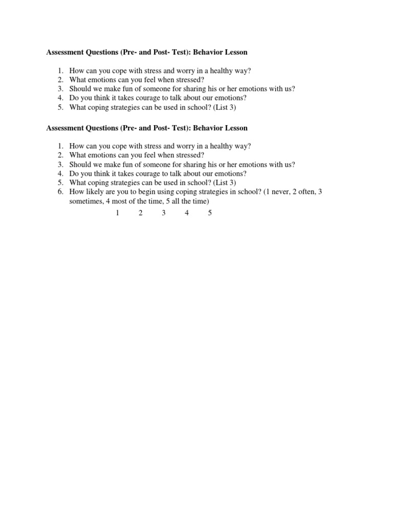 Assessment Questions (Pre-And Post - Test) : Behavior Lesson | PDF
