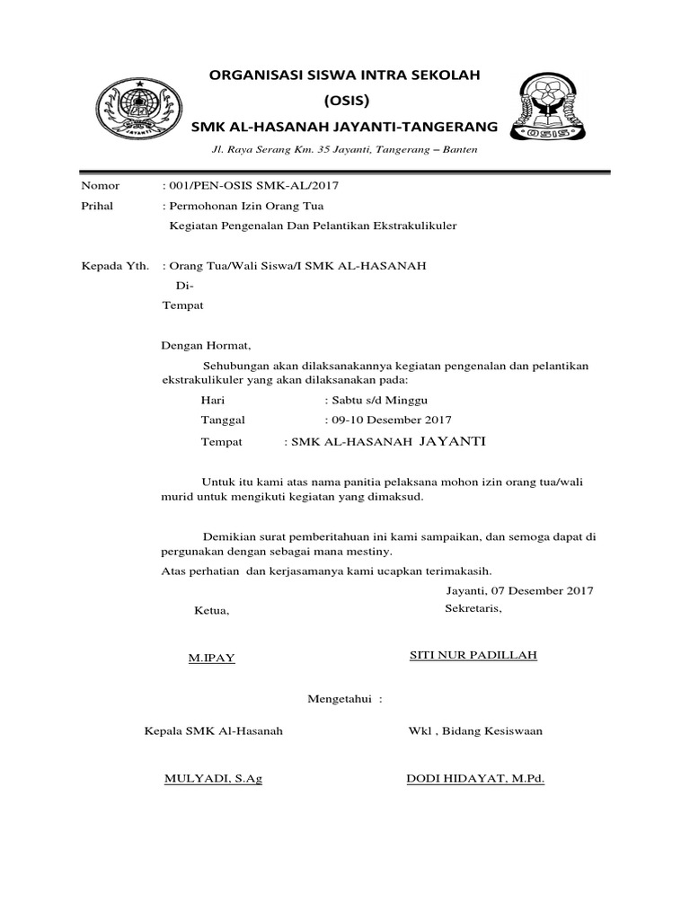 Contoh Surat Izin Tidak Mengikuti Kegiatan Osis - Berbagi Contoh Surat