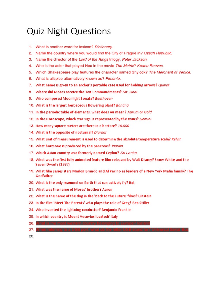 Quiz Night Questions PDF Nature
