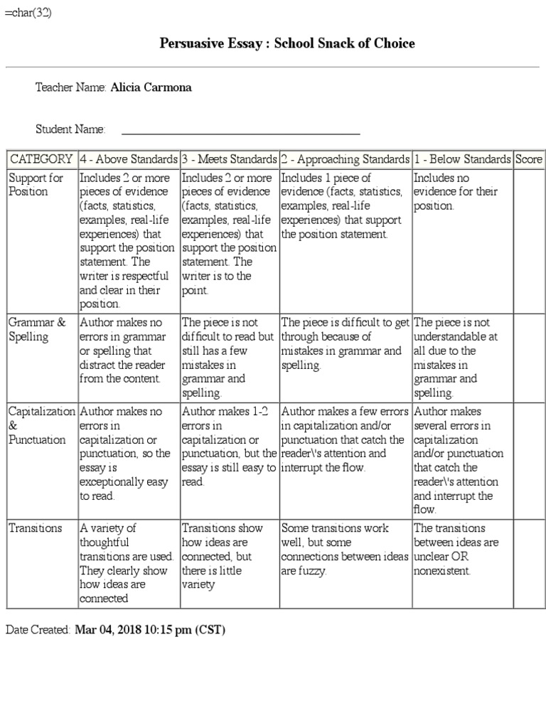 Persuasive Essay Marking Rubric | PDF | Essays | Semiotics