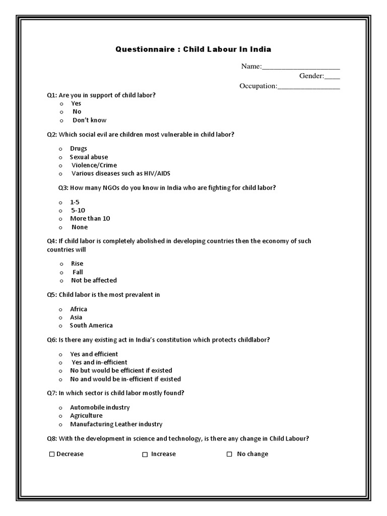 Questionnaire Child Labour in India Name Gender Occupation PDF