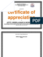 Philippine Councilors League appreciation certificate for Atty. Sheila Mae B. Ronquillo