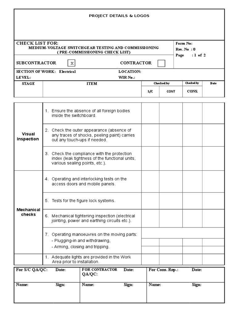 Check List For Pre Commissioning of MV Switchgear PDF