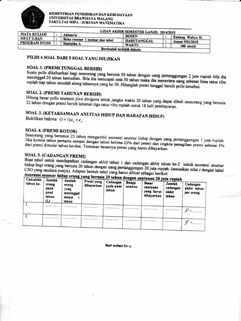 Contoh Soal Mata Kuliah Aktuaria