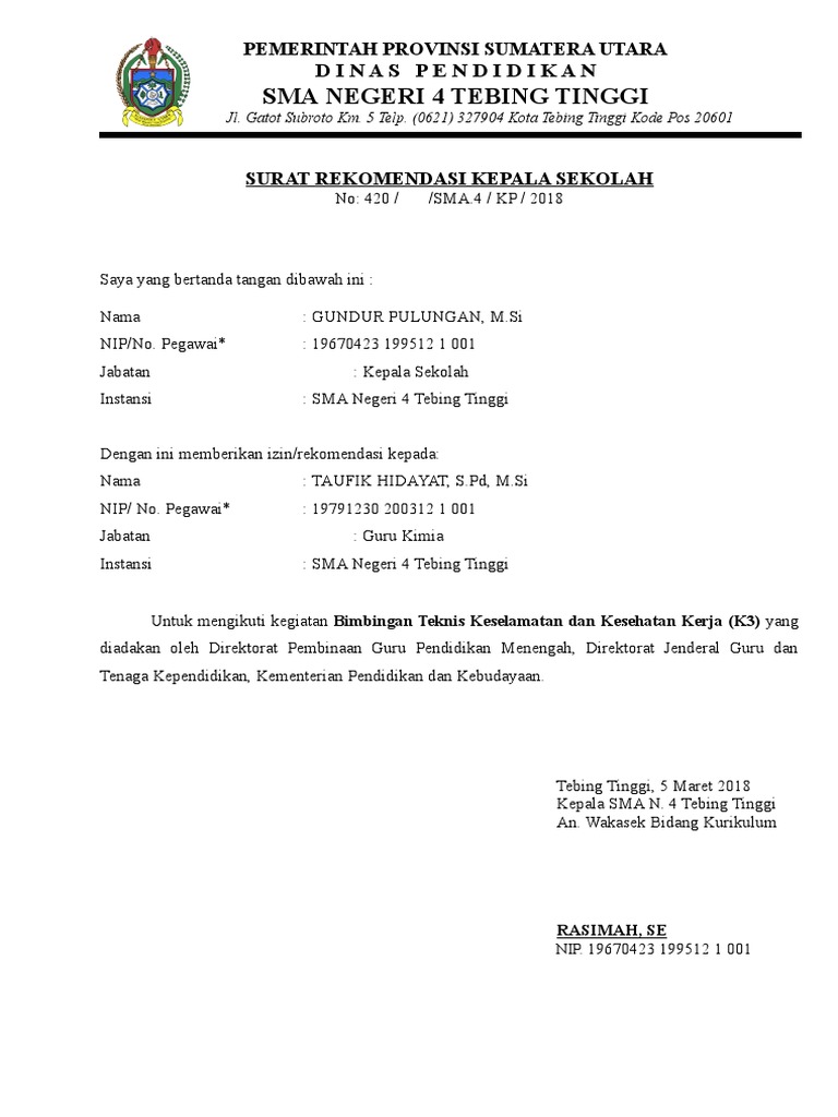 Surat Rekomendasi Kepsek