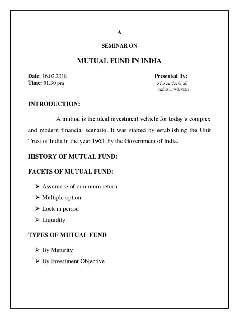 Mutual Fund in India: A Seminar On | PDF