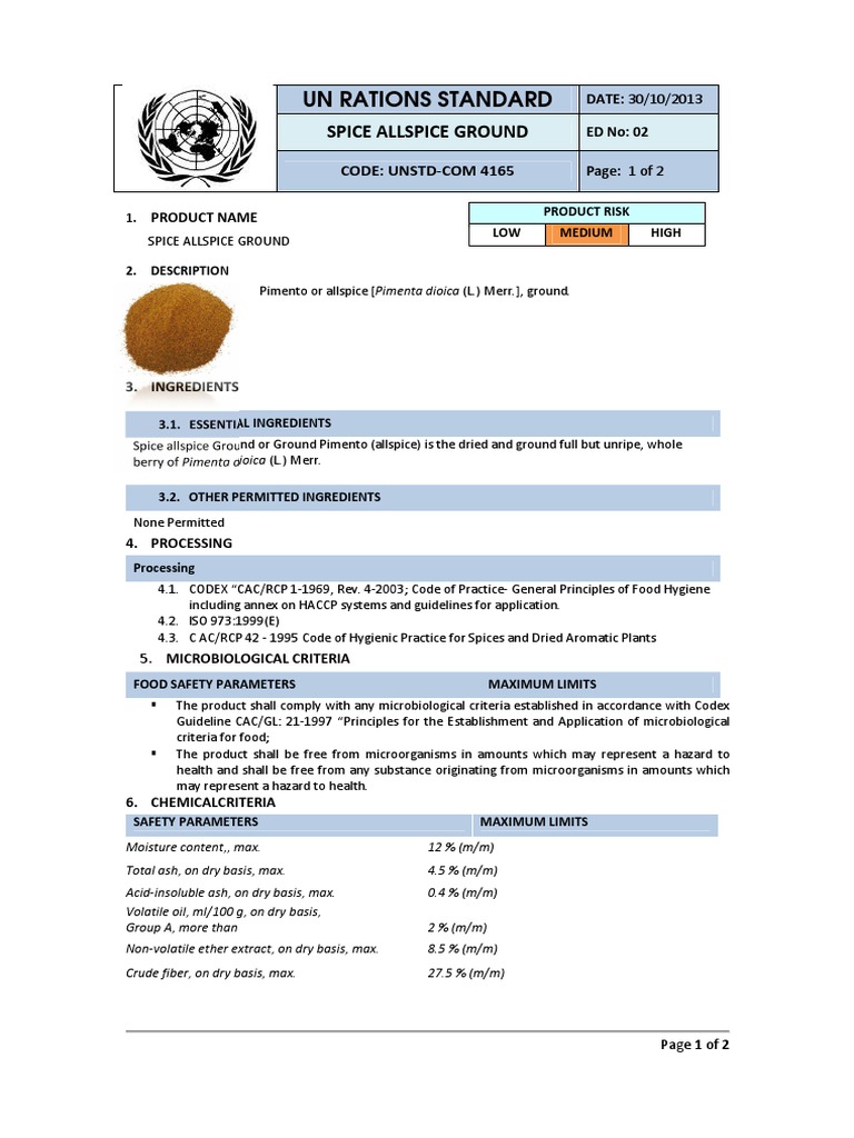 Ground Allspice Standard Microbiological, Chemical, and Physical