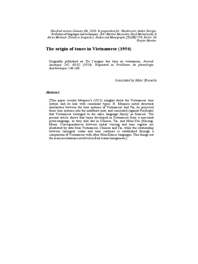 Origin of Tones in Vietnamese Download Free PDF Tone (Linguistics