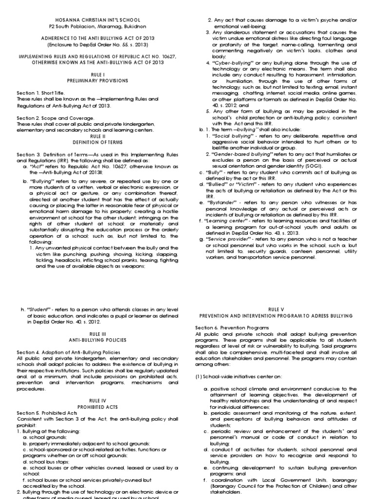 Implementing Rules and Regulations of Republic Act No. 10627 | PDF ...