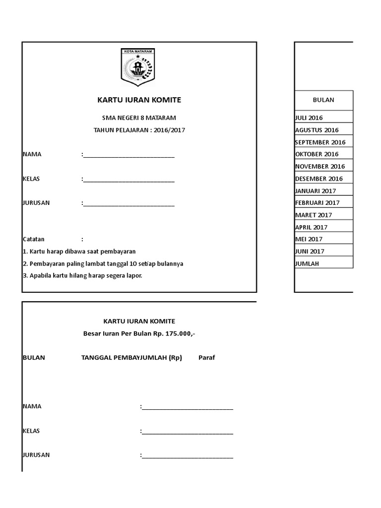 Contoh Kartu Iuran Sekolah Dasar Pdf