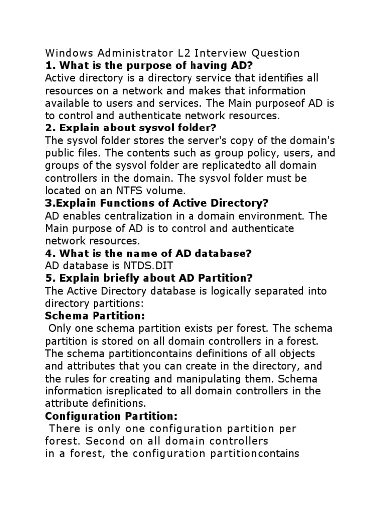 Windows Administrator L2 Interview Question PDF Active Directory