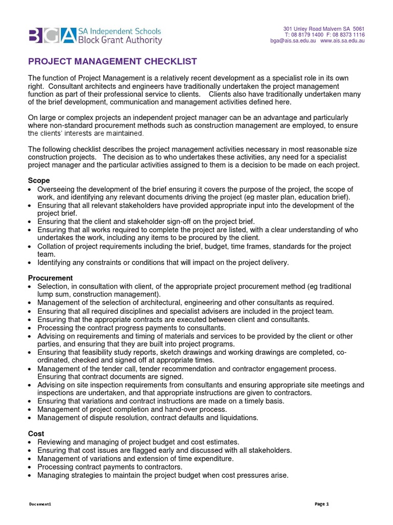 1a Project Management Checklist | PDF | Construction Management ...