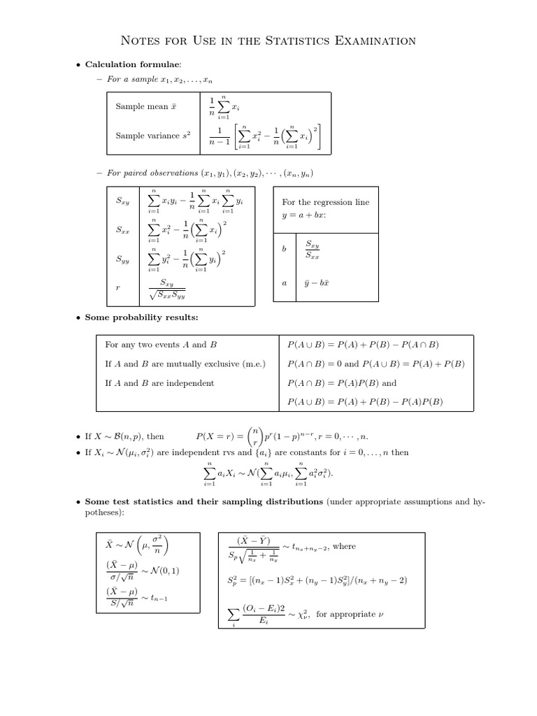 Notes For Use in The Statistics Examination | PDF | Statistical ...