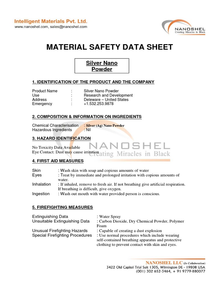 Silver Nano Powder Safety Data Sheet | PDF | Firefighting | Powder ...