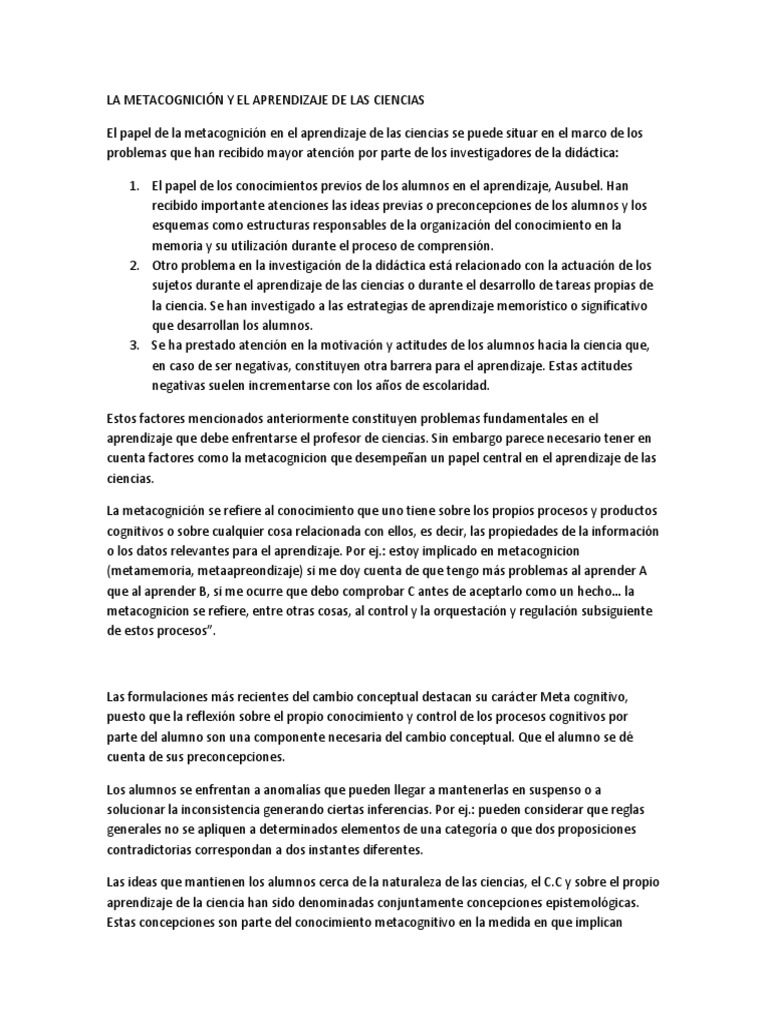Metacognición en el Aprendizaje Científico | PDF | Teoria de la mente ...