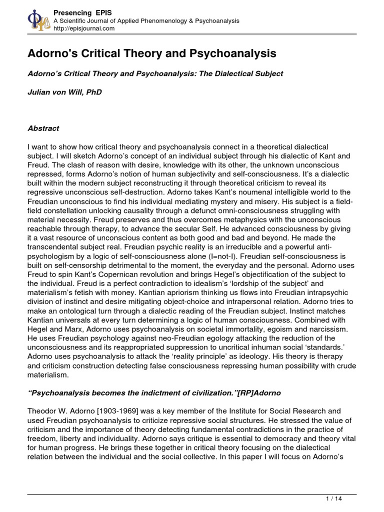 Adorno Critical Theory and Psychoanalysis Descargar gratis PDF