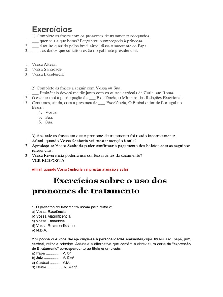 Exercícios sobre Pronomes de Tratamento | PDF | Papa