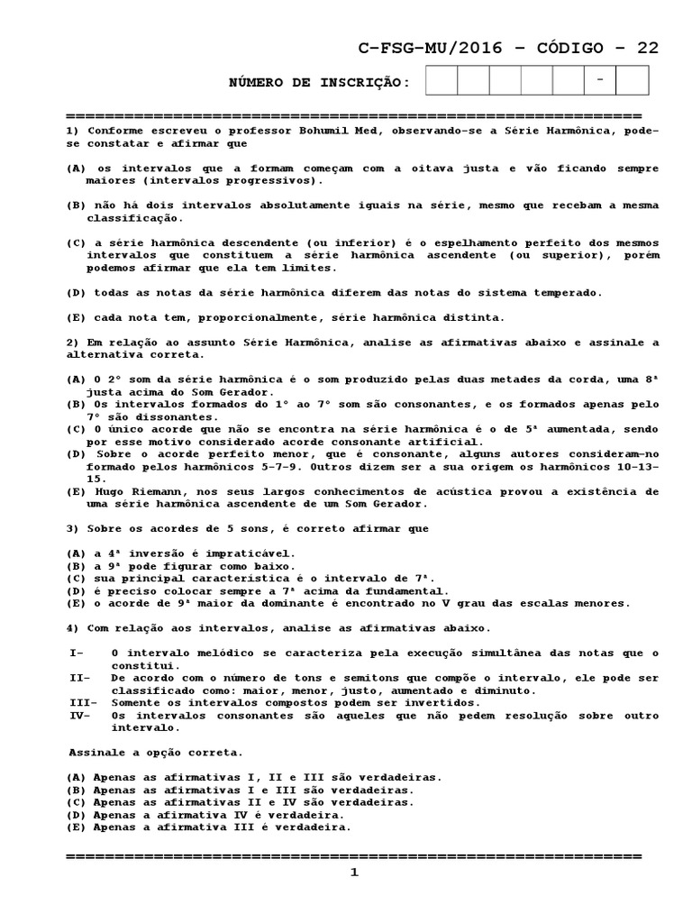 C Fsg Mu 16 Codigo 22 Numero De Inscricao Intervalo Musica Escala Musica