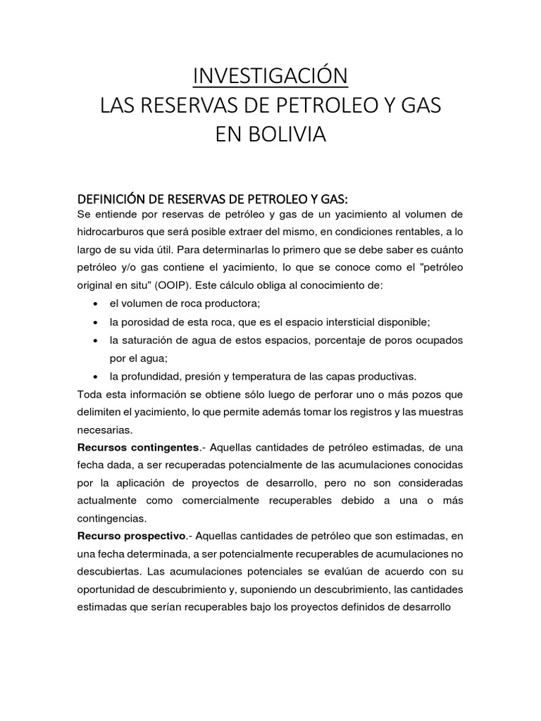 Reservas de Petróleo y Gas en Bolivia | PDF | Depósito de petróleo ...