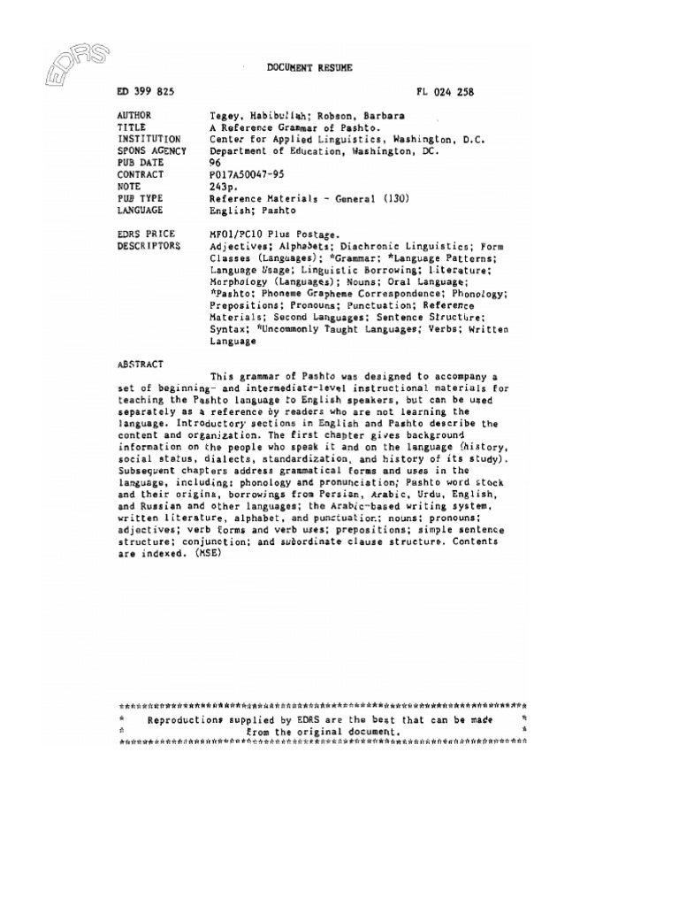 Pashto Grammar Pdf Pdf