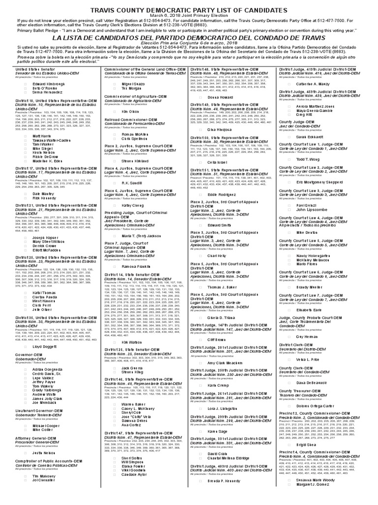 Democrat Sample Ballot in Travis County Eventos políticos