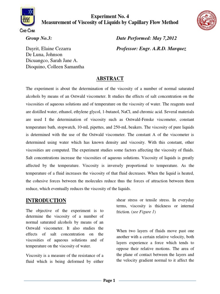 Viscosity Measurement Using Ostwald Viscometer | PDF | Viscosity ...