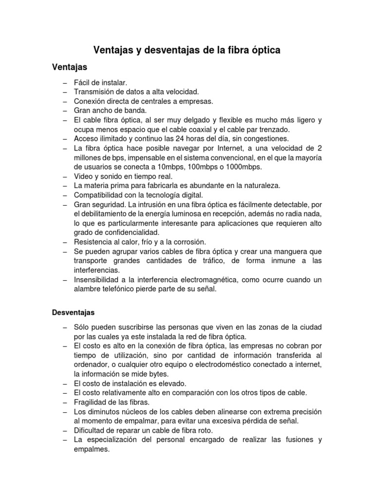Ventajas y Desventajas de La Fibra Óptica | PDF