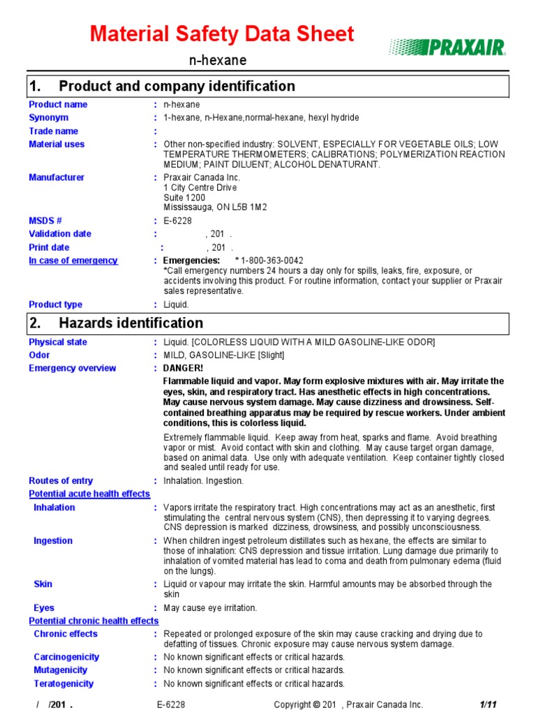Hexane Msds E6228 PDF Toxicity Water