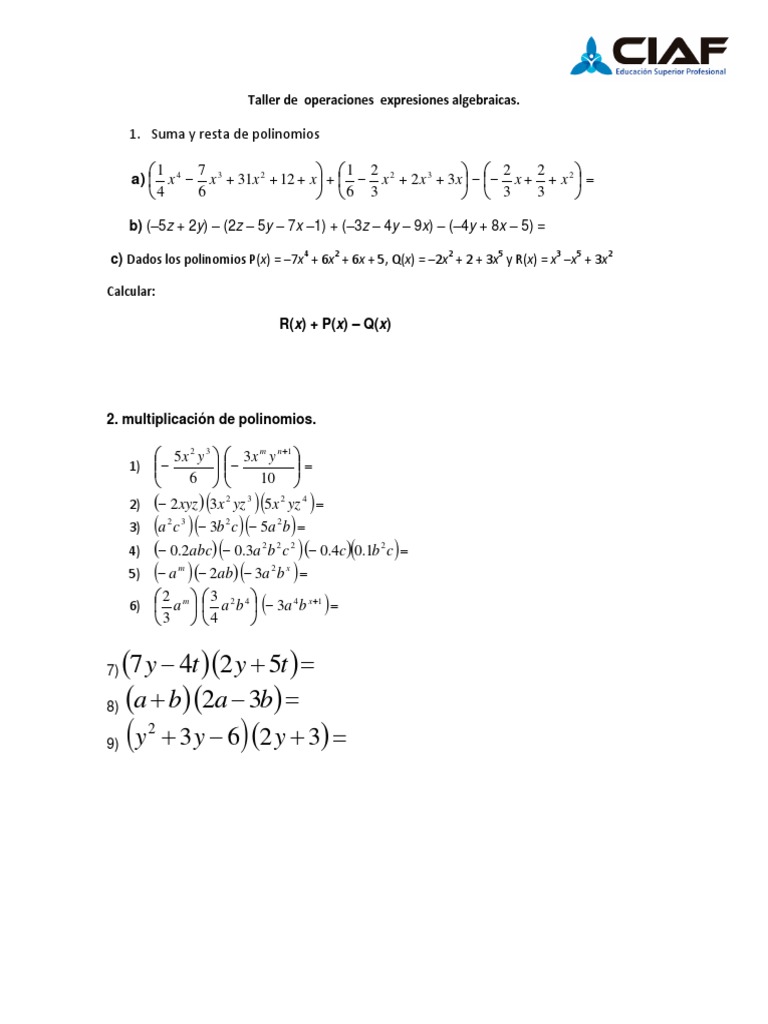 Taller de Operaciones Algebraicas | PDF