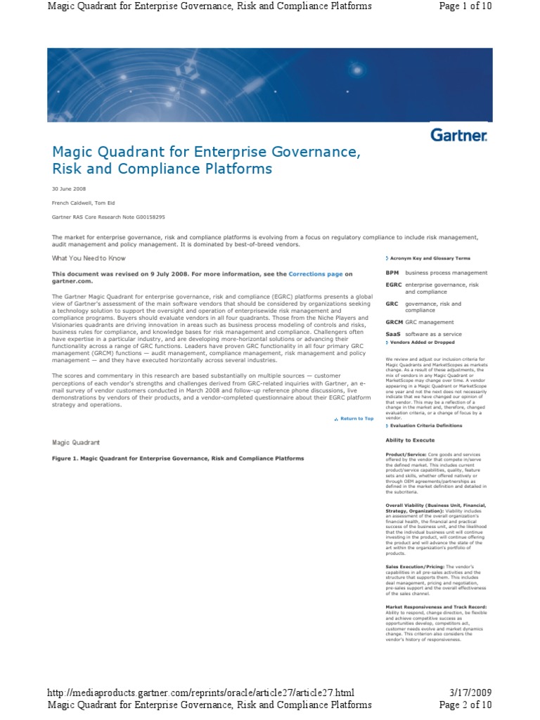 Magic Quadrant For Enterprise Governance, Risk and Compliance Platforms