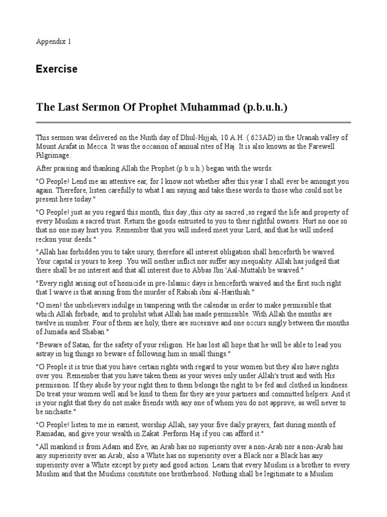 The Last Sermon of Prophet Muhammad (P.b.u.h.) : Exercise | Download ...