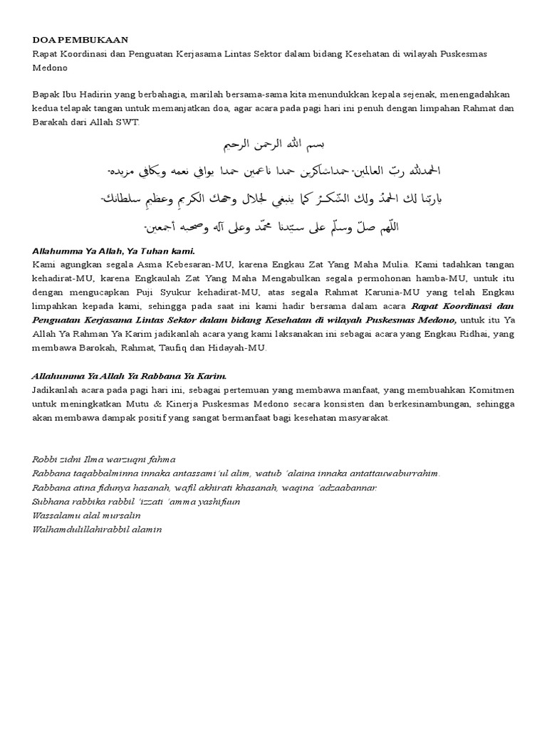 Doa Pembukaan Linsek Puskesmas
